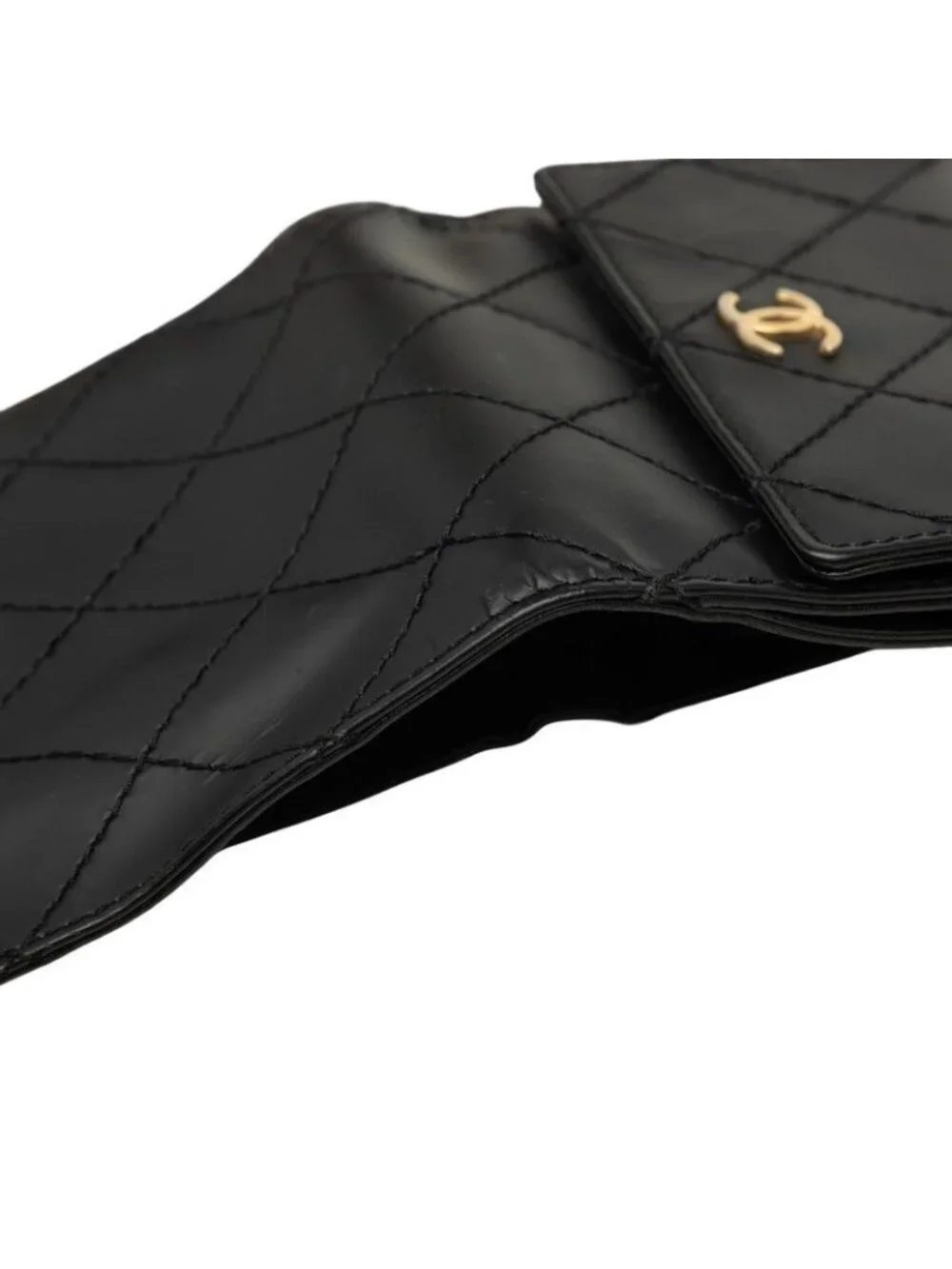 Chanel Wild Stitch CC Logo Bifold Wallet Black Gold Leather